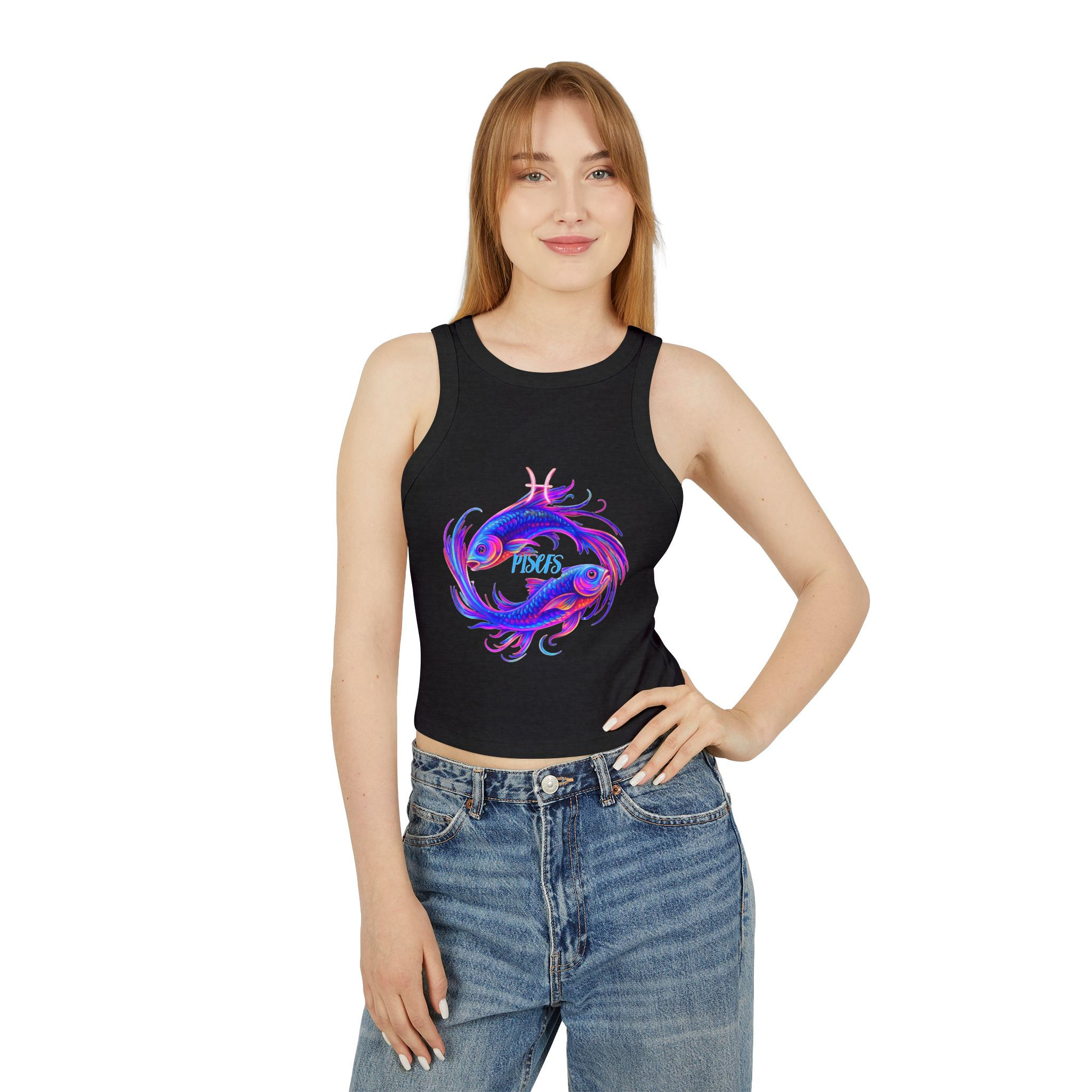Pisces Yin-Yang Crop Tank Top — Neon Watercolor Zodiac Fish