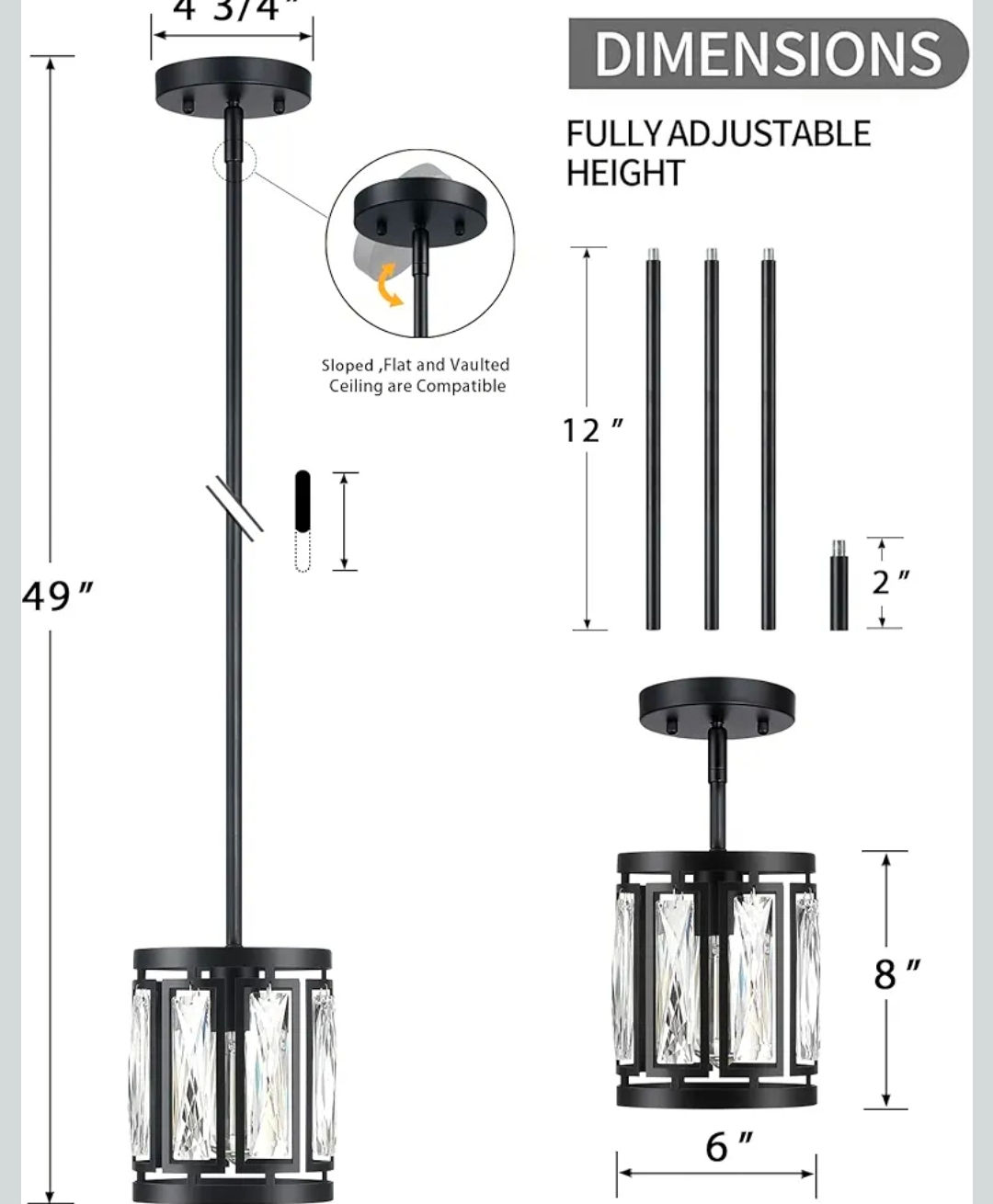 Crystal Semi Flush Mount Ceiling Light, Convertible Hanging Pendant Lighting Fix
