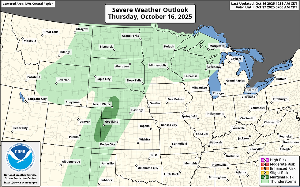 The latest Day One Severe Weather Outlook from the Storm Prediction Center highlights a 'marginal risk' for severe thunderstorms across portions of Nebraska, Colorado, and Kansas.