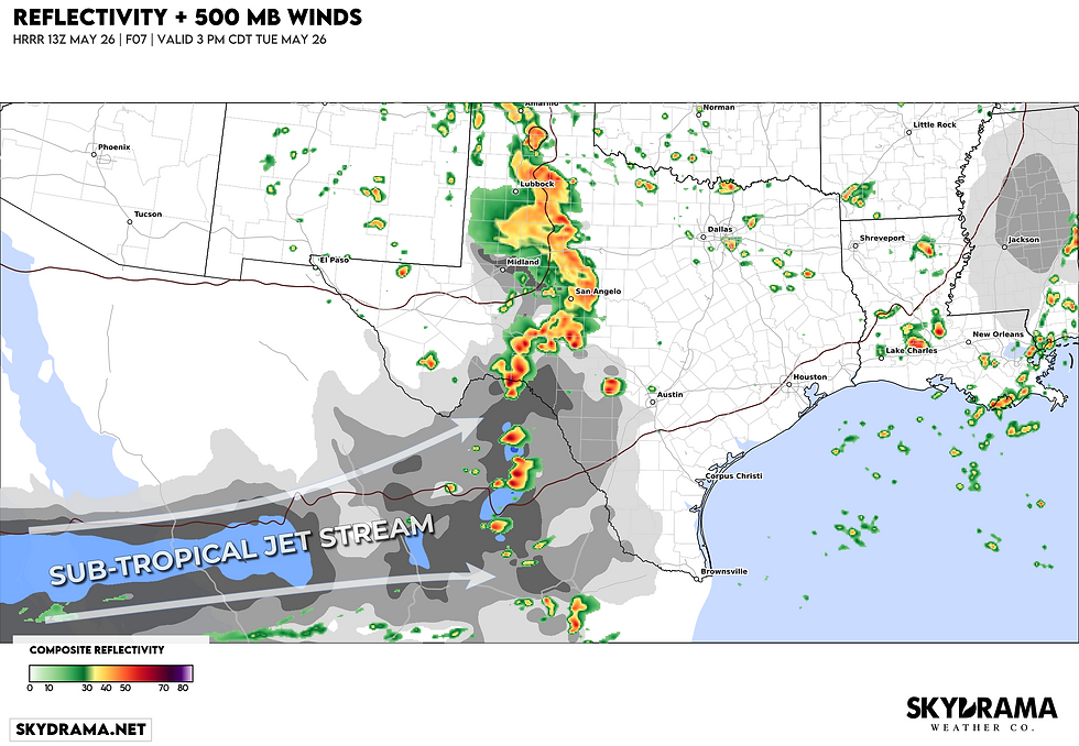 Sub-tropical jet stream disturbance overspreads sharpening dryline / unstable warm sector