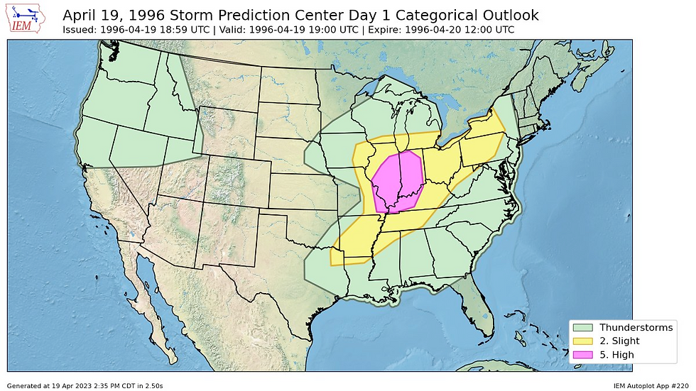 Severe weather outlook from the Storm Prediction Center - High Risk across Illinois and Indiana.