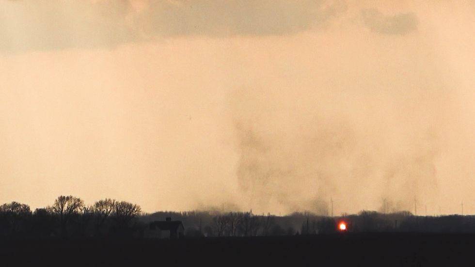 Power flash from weak, multiple vortex tornado in Pontiac.