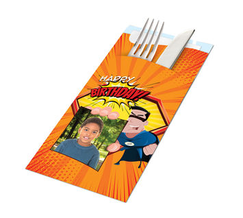 מחזיקי סכו״ם בהדפסה אישית לחגיגת יום הולדת עם מפיות הגייניות | סילברסט