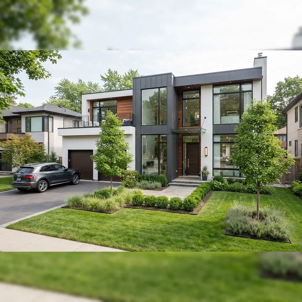 Packshot photography of a modern luxury house with a clean facade and manicured gardens. The exterior suggests a sleek, contemporary suburban residence.