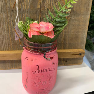 Chalk Painted Jar with Flowers - Dark Pink