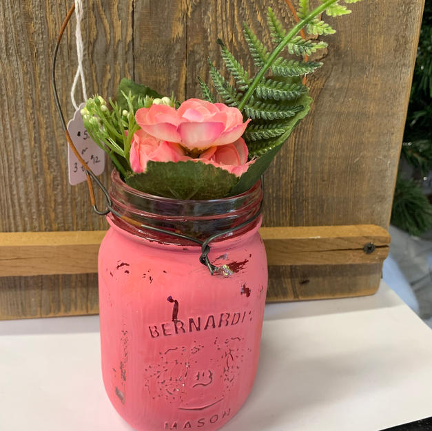 Chalk Painted Jar with Flowers - Dark Pink
