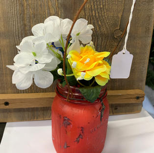 Chalk Painted Jar with Flowers - Red