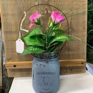 Chalk Painted Jar with Flowers - Mid Blue