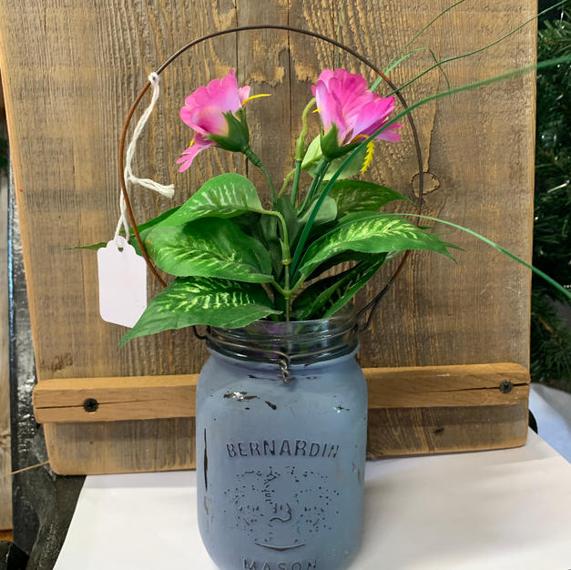 Chalk Painted Jar with Flowers - Mid Blue