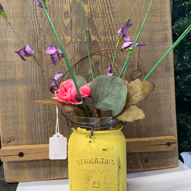 Chalk Painted Jar with Flowers - Yellow