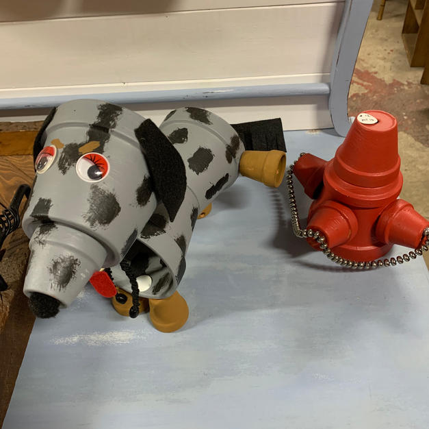 Large Spotted Dog with Fire Hydrant (Made of Clay Pots)