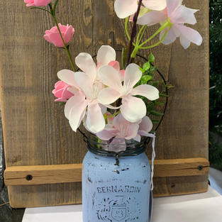 Chalk Painted Jar with Flowers - Light Blue