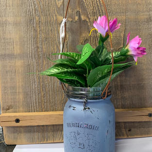 Chalk Painted Jar with Flowers - Mid Blue
