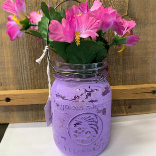 Chalk Painted Jar with Flowers - Purple