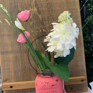 Chalk Painted Jar with Flowers - Pink