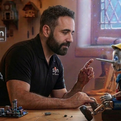 Robô Pinóquio conversando com humano simbolizando como modelos de inteligência artificial podem gerar respostas incorretas.