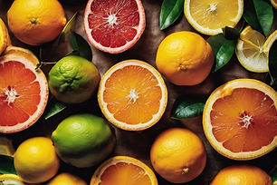 Variety of citrus fruits sliced in half on a table