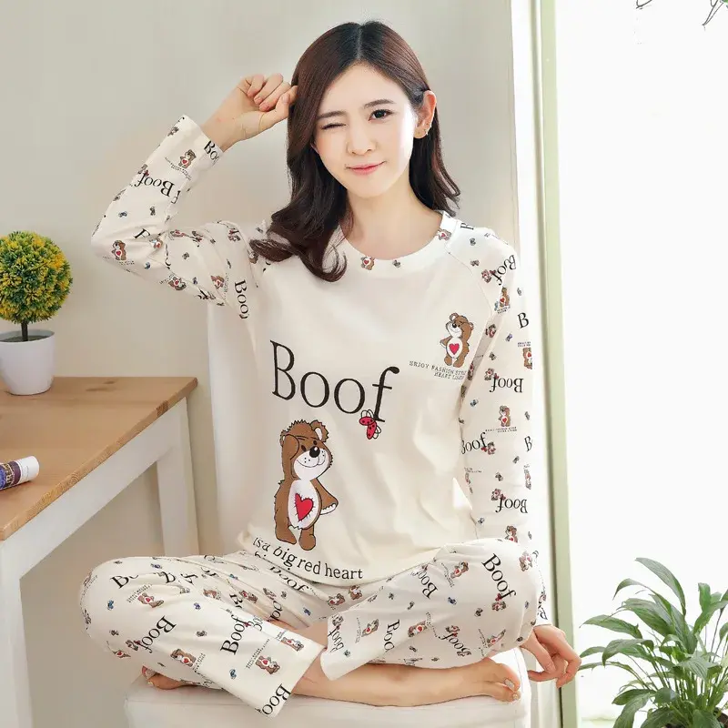 Miniatura: Ladies Pajamas Long Sleeved Cartoon Bear Student Casual Wear Set Easy to Wash Pu