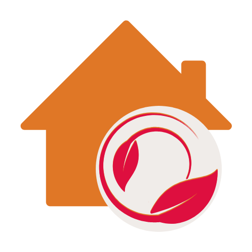 Logo de la société Ikuto services à la personne avec maison de la couleur orange et feuilles de la couleur rouge