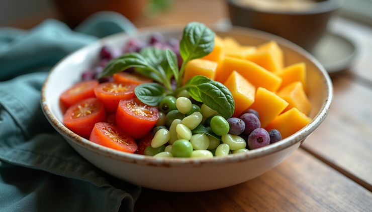 Vista de close-up de uma tigela com alimentos coloridos e saudáveis para pacientes em radioterapia