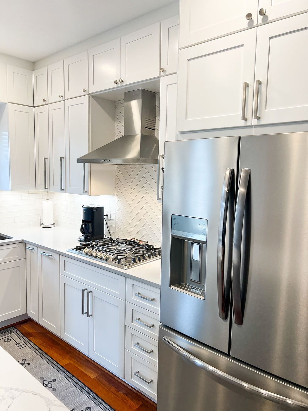 kitchen renovation, gray cabinets, white cabinets, white countertops, quartz countertops