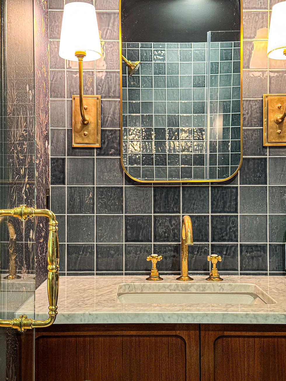 bathroom renovation, brass hardware, brass fixtures, custom vanity, walnut vanity