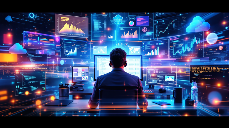 Web development code on screens, digital marketing analytics, and DevOps cloud infrastructure, representing the Full Stack Development Mastery program’s focus on frontend, backend, digital marketing, and DevOps skills