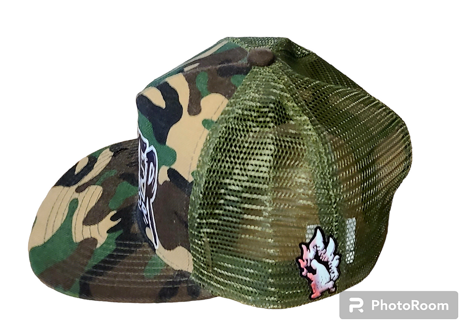 Thumbnail: Green Camo snapback cap with solid olive colored  mesh back