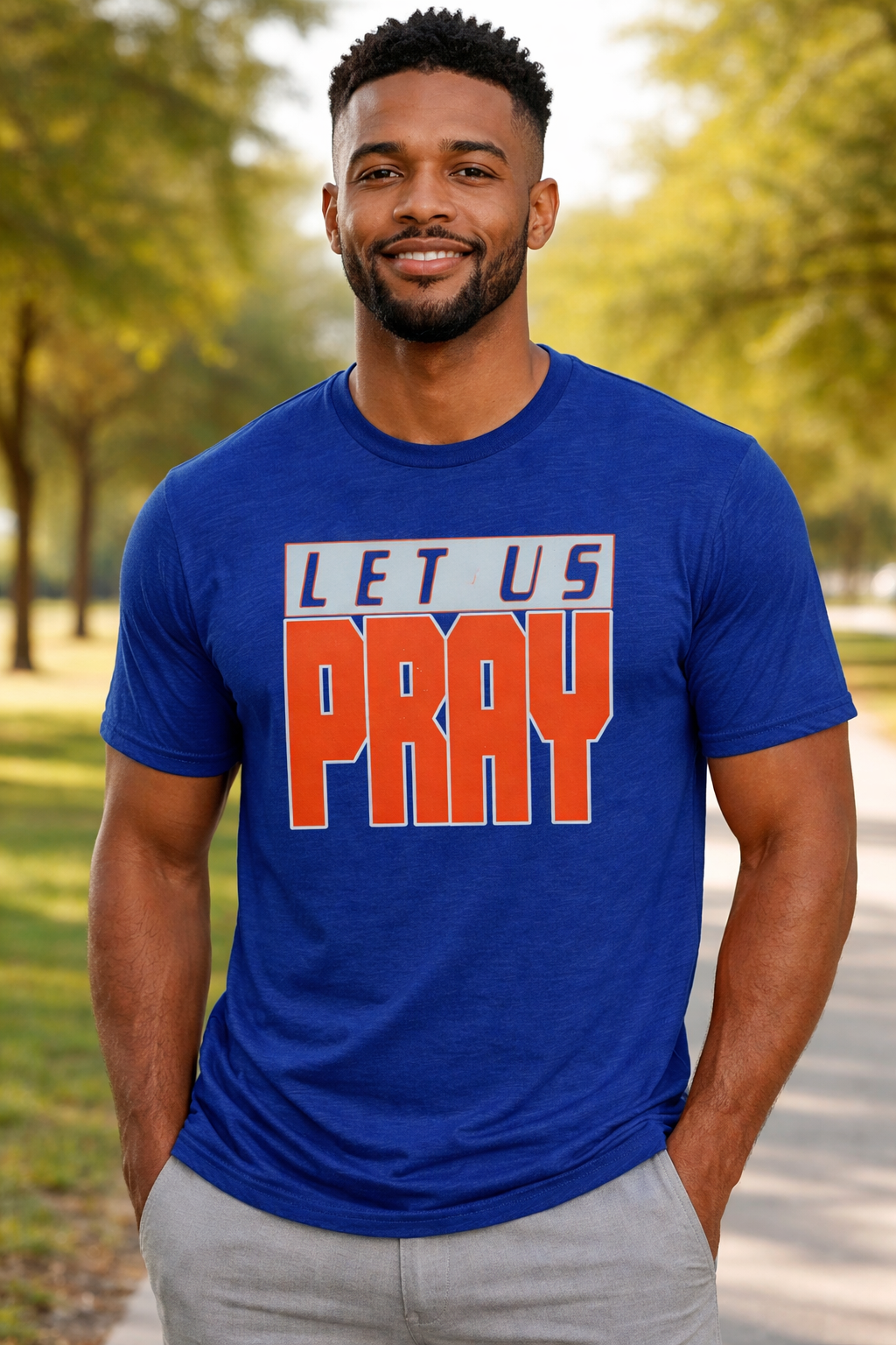 Short Sleeve Blue Polyester "Let Us Pray" Tshirt