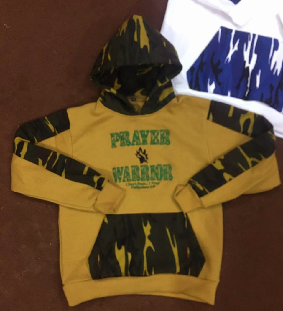 Thumbnail: Heavyweight Tan Camo Prayer Warrior embroidered hoodie
