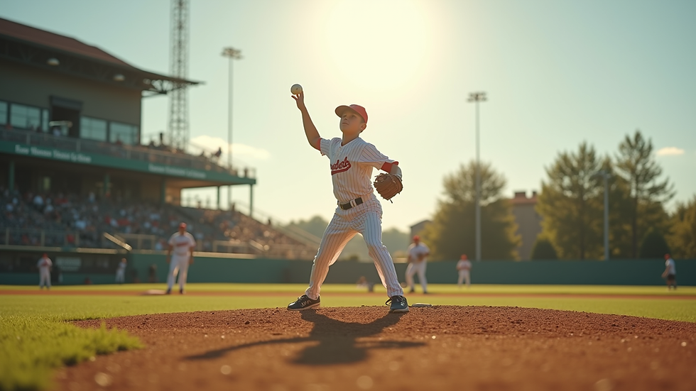 Eye-level view of a young baseball player practicing long toss on a sunny field
