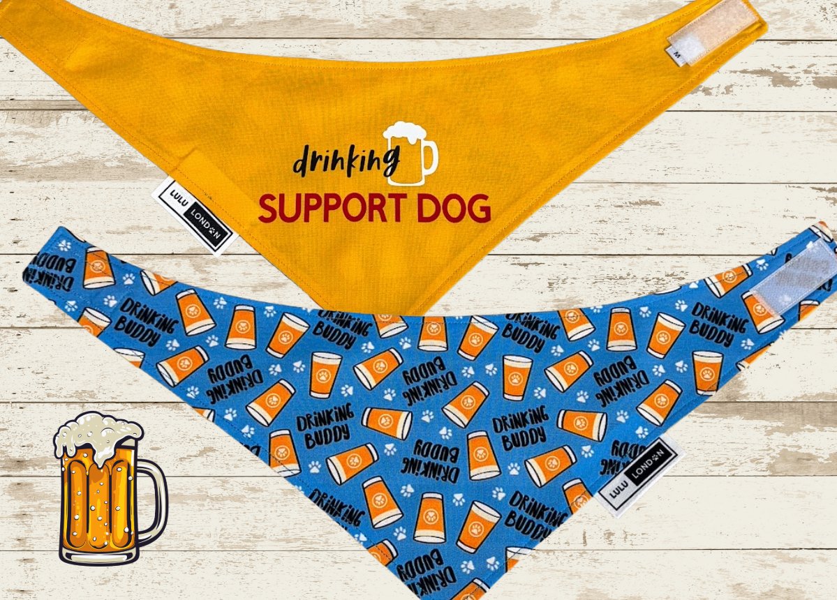 Front and Back view of LuLu London custom Drinking Buddy dog bandana