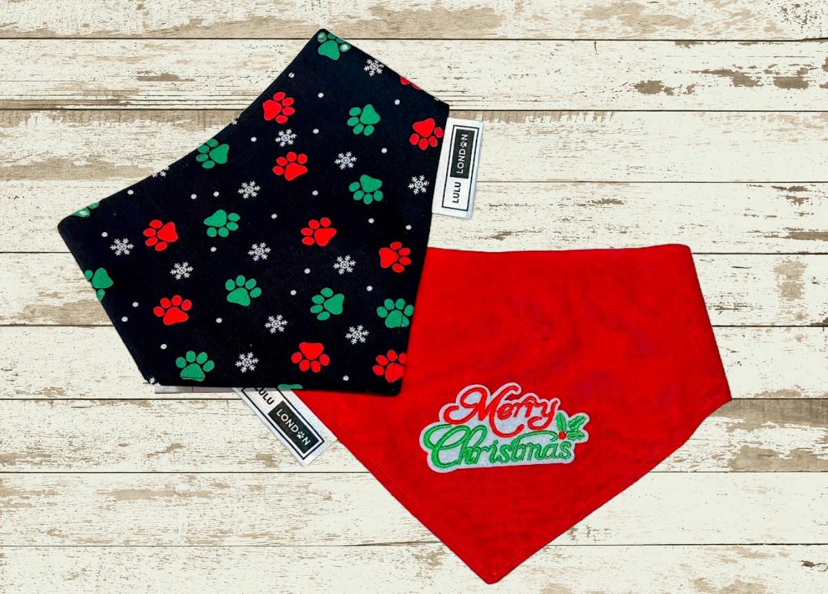 Front and Back view of LuLu London custom Merry Christmas Paw Print dog bandana
