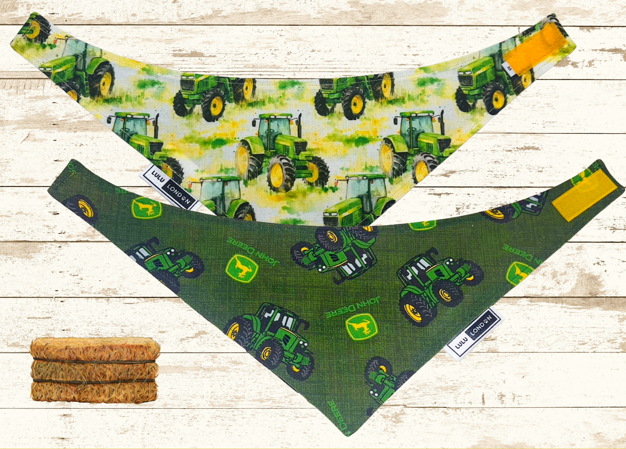 Front and Back view of LuLu London custom reversible John Deere dog bandana