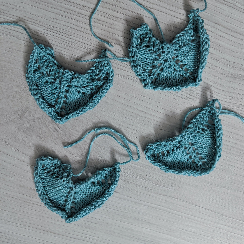 4 mini blue cotton shawls, stunted because not blocked
