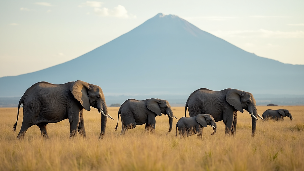 Wide angle view of elephants grazing in Amboseli National Park with Mount Kilimanjaro in the background