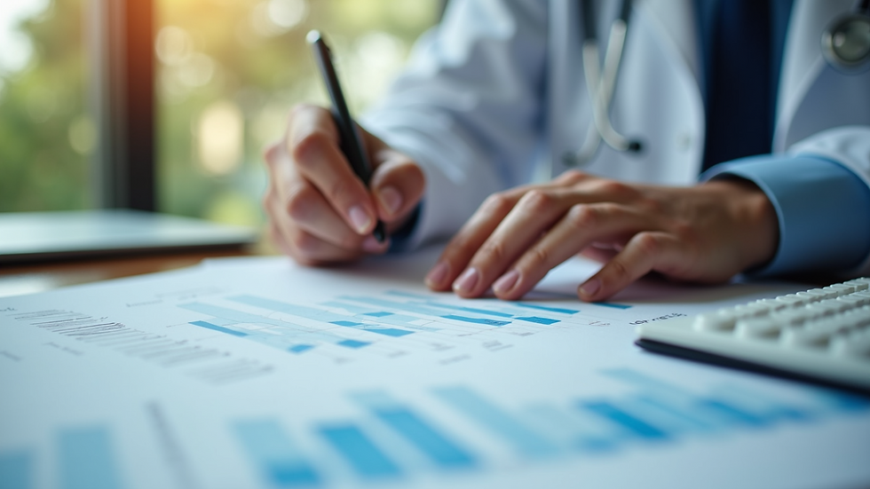 Close-up view of a healthcare accountant reviewing financial reports