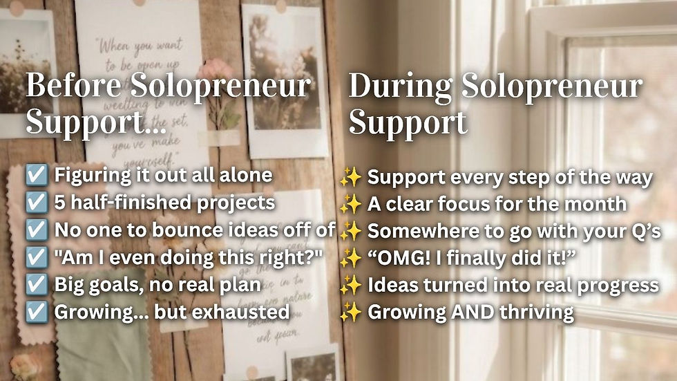 Before and during solopreneur support text graphic on a cozy bulletin board, listing struggles vs progress.