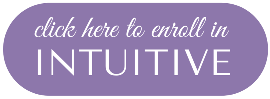 Purple button with text: "click here to enroll in INTUITIVE." Elegant white font, oval shape, inviting and informative mood.