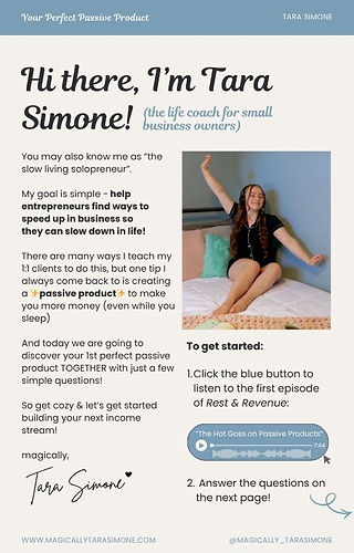 Your Perfect Passive Product Worksheet by Magically Tara Simone to create your first digital product and passive income stream for free in just 10 minutes
