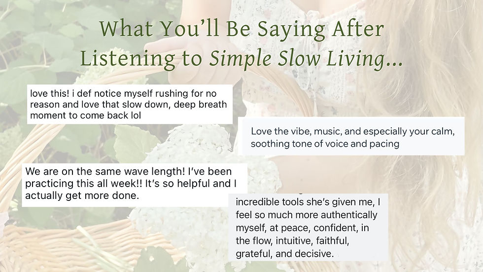 Promotional graphic over a woman in a flower field holding a basket, with testimonials and reviews praising simple slow living course by magically tara simone