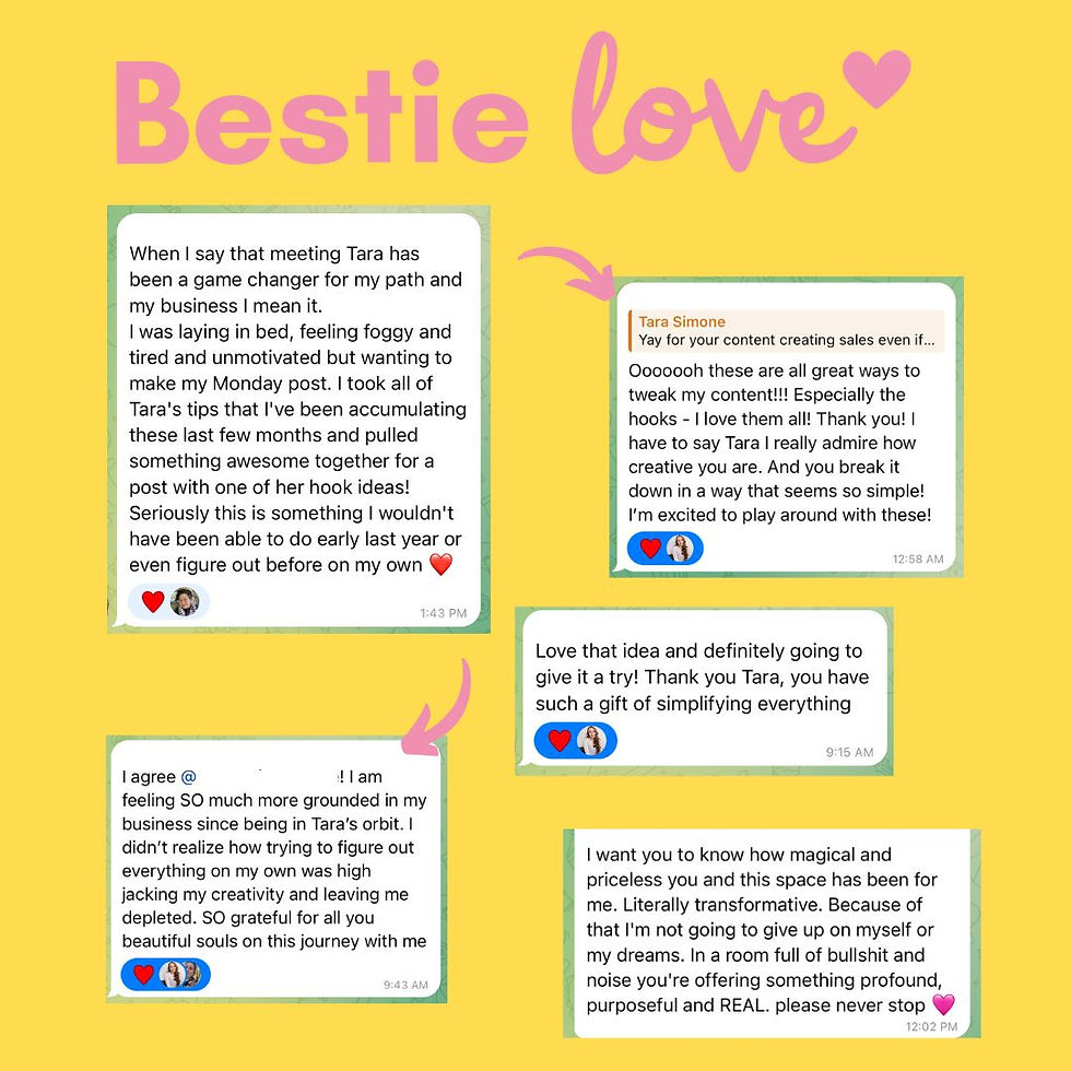 Text messages on a yellow background with "Client love" at the top. Messages praise Tara for her helpful coaching and support via text