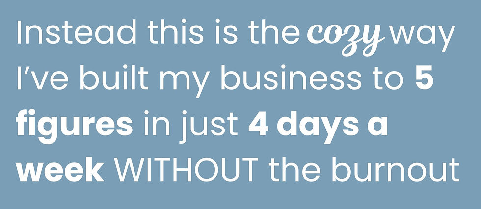 Text on blue background: "Inside Rest & Revenue, I am spilling the tea on growing my business to 5 figures in 4 days a week without burnout."