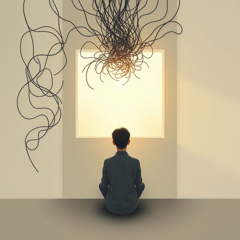 Darbas su nerimu psichoterapijoje – meninis vaizdas, kuriame nerimą simbolizuoja raizginiai, o terapija atneša šviesą ir viltį.