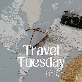 picture of a map with a pair of brown sunglasses on it and a film camera and part of a sun hat laying on top. The text reads travel tuesday solo edition