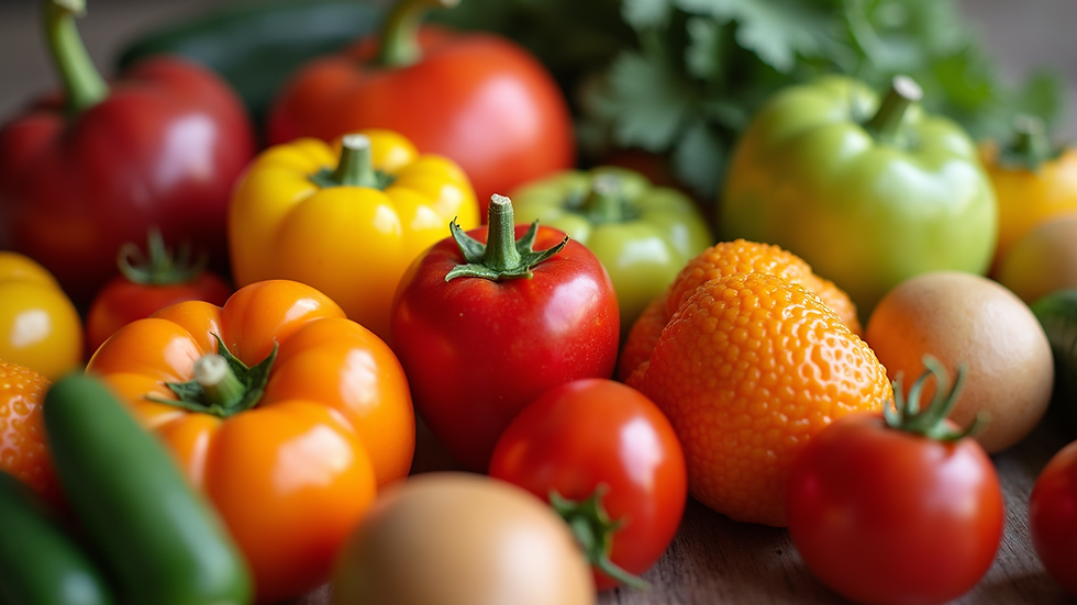 Close-up view of a variety of colorful fruits and vegetables