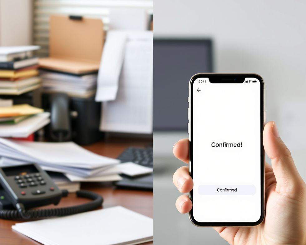 A split-screen visual. On one side, a cluttered desk with a ringing phone and a messy paper planner. On the other, a clean, professional digital booking interface on a smartphone with a "Confirmed" notification, symbolizing a shift from chaos to clarity.