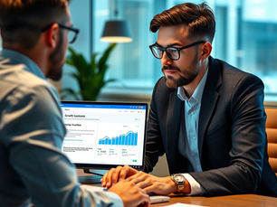 A professional business owner in a modern office, looking at a laptop screen where a digital AI assistant is highlighting growth trends and drafting marketing content. The interface looks sleek and data-driven.