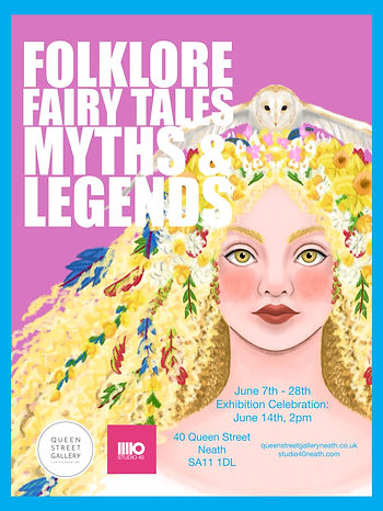Illustrated woman with floral hair and an owl on her head, set against a pink background. Text: "Folklore Fairy Tales Myths & Legends." Exhibit info below.
