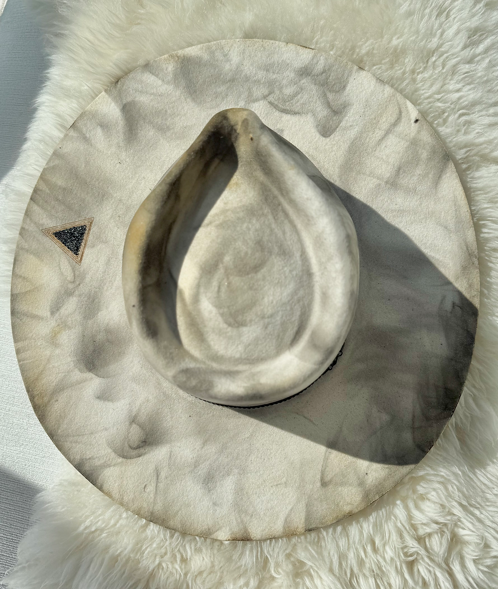 Thumbnail: Handcrafted rancher hat in marbled taupe, black rope band, Swarovski triangle near brim edge.